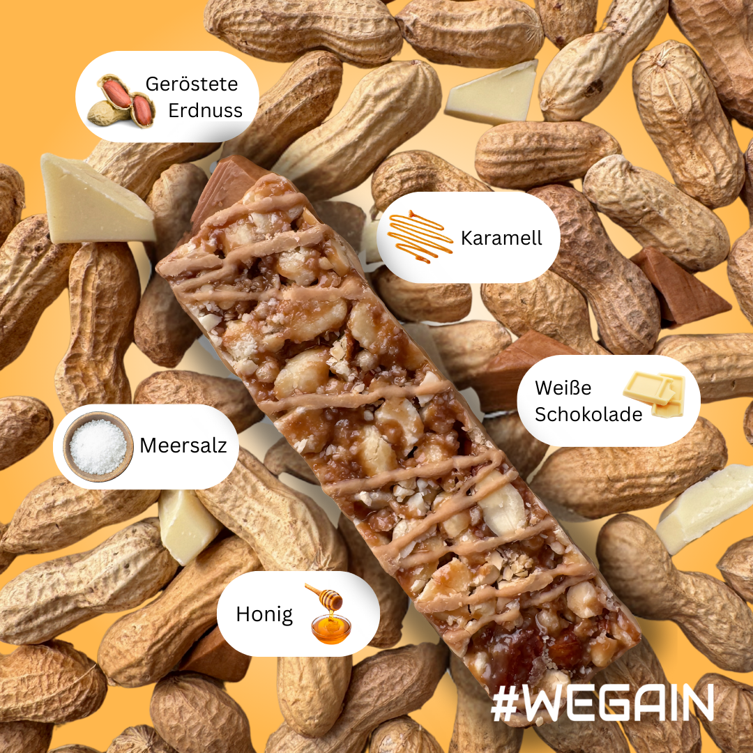 WEGAIN Low Sugar Riegel mit dunkler Schokolade und gerösteten Erdnüssen – 40g Snack