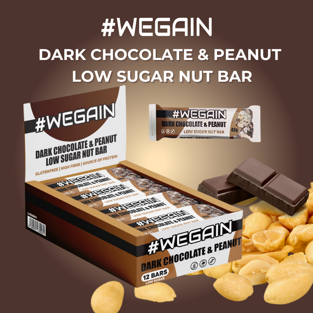 #WEGAIN Low Sugar Nut Bar mit dunkler Schokolade und Erdnüssen – 40g Riegel