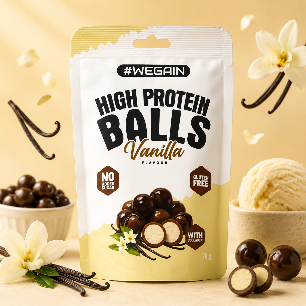 #WEGAIN High Protein Balls Vanilla 70g - Tray a 10 Beutel