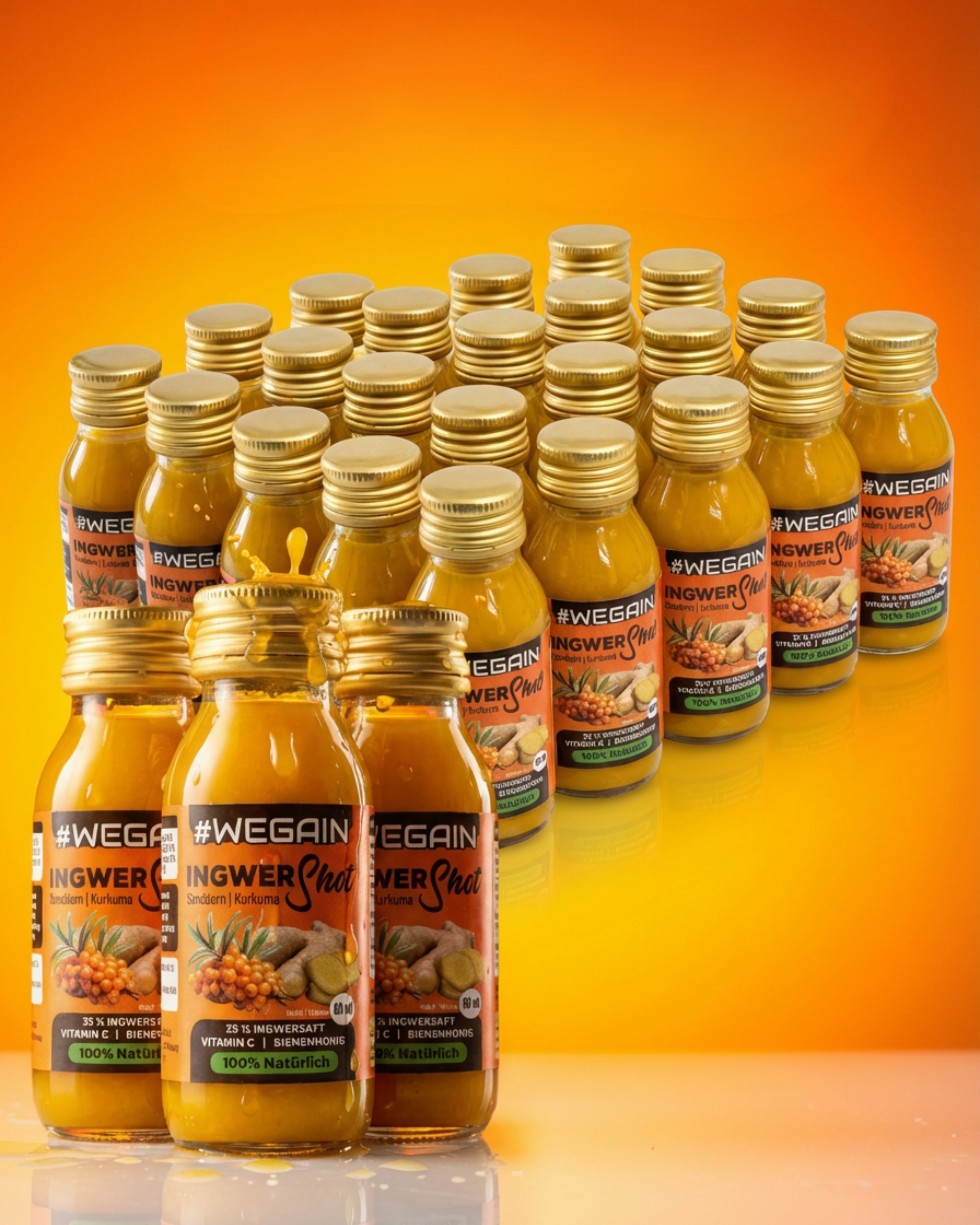 #WEGAIN Ingwer Shot Kurkuma, Sanddorn, Honig und Zitrone 24 er Tray - 100% Natürlich
