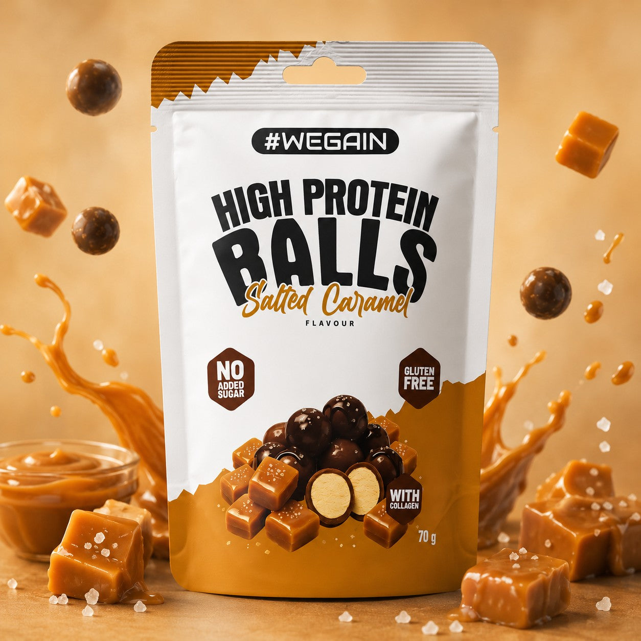 #WEGAIN High Protein Balls Salted Caramel 70g - Tray a 10 Beutel