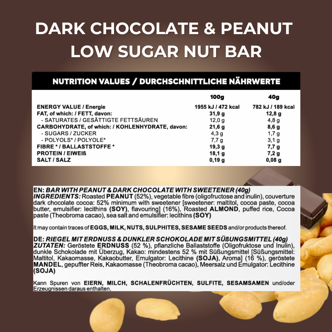 #WEGAIN Dark Chocolate & Peanut Low Sugar Nut Bar 40g - Tray a 12 Riegel