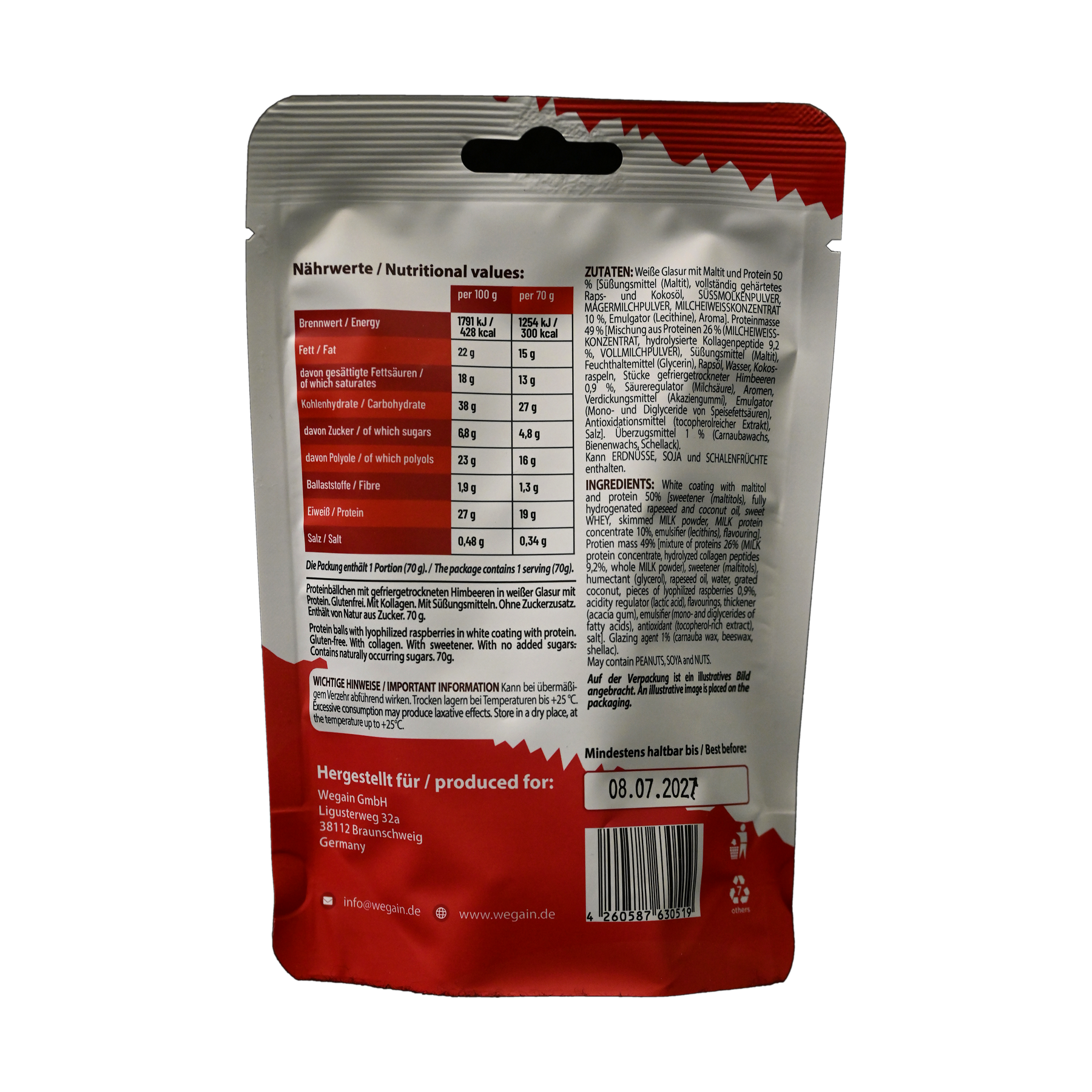#WEGAIN High Protein Balls Raspberry 70g - Tray a 10 Beutel