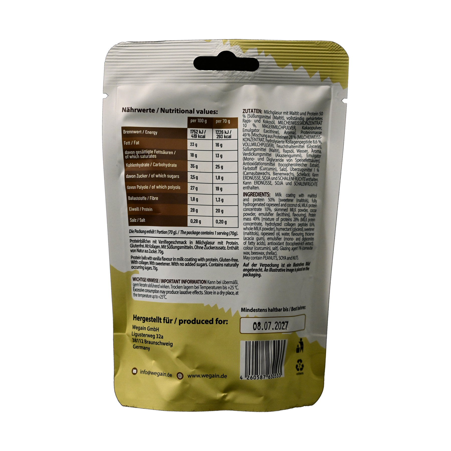 #WEGAIN High Protein Balls Vanilla 70g - Tray a 10 Beutel